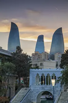 High Rise Building Prints: Azerbaijan, Baku, Bridge at Venecia restaurant and Flame Towers