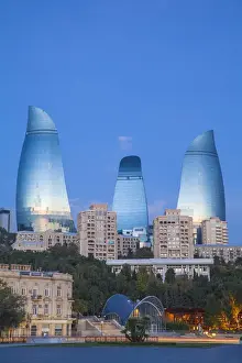 Early Morning Prints: Azerbaijan, Baku, Entrance to Funicular railway and Flame Towers behind