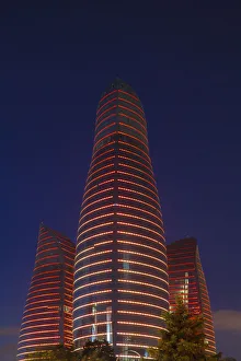 High Rise Building Prints: Azerbaijan, Baku, Flame Towers at night