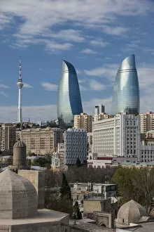 Images Dated 20th September 2018: Azerbaijan, Baku, high angle view of Baku Television Tower and Flame Towers