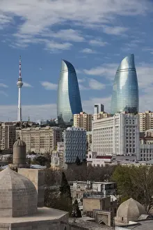 Azerbaijan, Baku, high angle view of Baku Television Tower and Flame Towers