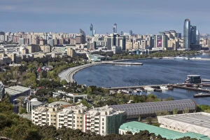 Azerbaijan, Baku, high angle view of city skyline from the west