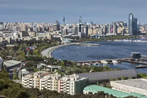 Azerbaijanian Prints: Azerbaijan, Baku, high angle view of city skyline from the west