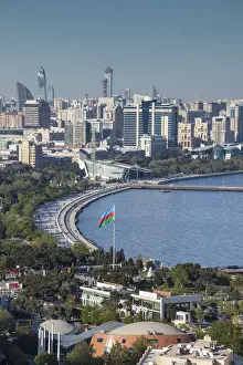 Azerbaijan, Baku, high angle view of city skyline from the west