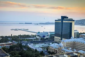 Shopping Mall Prints: Azerbaijan, Baku, View of Baku looking towards the Hilton Hotel, Park Bulvar shopping