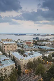 Azerbaijan, Baku, View of city looking over Fountain Square to Baku Crystal Hall