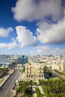 Azerbaijan, Baku, View of city looking towards Government House, Hilton Hotel