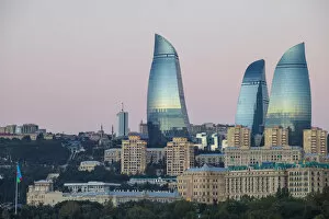 Images Dated 12th March 2013: Azerbaijan, Baku, View of Flame Towers at dawn