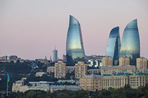 Azerbaijan, Baku, View of Flame Towers at dawn