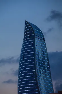 High Rise Building Prints: Azerbaijan, Baku, View of one of the three Flame Towers at dusk