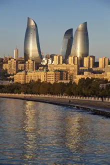 High Rise Building Prints: Azerbaijan, Baku, View of the Flame Towers reflecting in the Caspian Sea