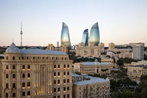 High Rise Building Prints: Azerbaijan, Baku, View of Flame Towers and tV Tower at dawn