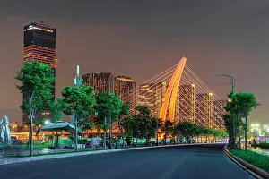 Saigon Prints: Ba Son Bridge with skyscrapers at night, Ho Chi Minh City (Saigon), Vietnam