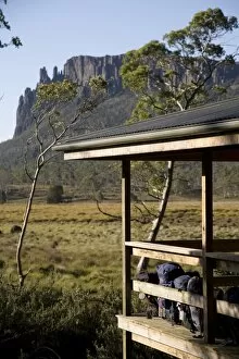 Overland Track Gallery: Backpacks lined up on the balcony of New Pelion Hut on the Overland Track