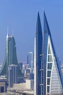Images Dated 5th August 2015: Bahrain, Manama, City center skyline looking towards Bahrain World Trade Center