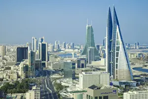 Bahrain, Manama, City center skyline looking towards Bahrain World Trade Center