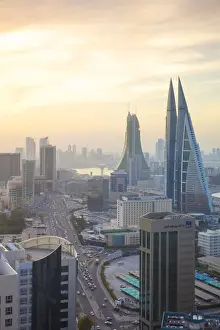 Bahrain, Manama, City center skyline looking towards Bahrain World Trade Center
