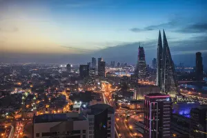 Bahrain, Manama, City center skyline looking towards Bahrain World Trade Center