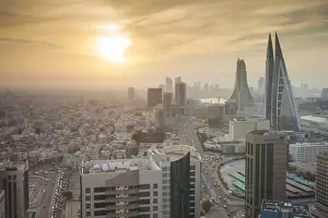 Turbines Prints: Bahrain, Manama, City center skyline looking towards Bahrain World Trade Center