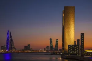 Turbines Prints: Bahrain, Manama, View of Bahrain Bay - Bahrain Financial Harbour, Harbour Towers