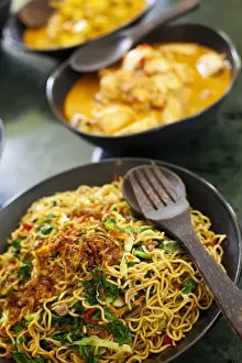 Lesser Sunda Islands Prints: Bali, Ubud. Bowls of traditional Indonesian food at a cookery school in Ubud