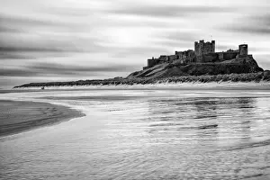 Bamburgh Prints: Bamburgh castle and beach at low tide, Northumberland, UK
