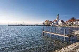 Wasserburg Prints: Bank promenade with St. Georg Church, Wasserburg am Bodensee, Bavaria, Germany