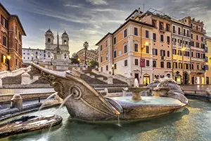 Fountain Prints: Barcaccia fountain, Piazza di Spagna and Spanish Steps, Rome, Lazio, Italy