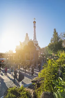 Parc Guell Prints: Barcelona, Catalonia, Spain, Southern Europe. People at Park Guell in early morning