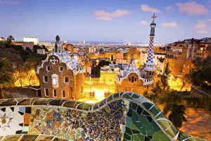 Barcelona, Park Guell, Spain, the modernism park designed by Antonio Gaudi, dusk