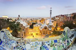 Barcelona, Park Guell, Spain, the modernism park designed by Antonio Gaudi, dusk
