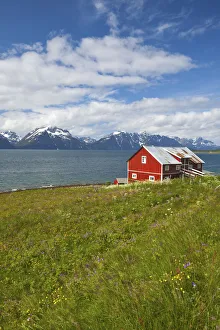 Lyngen Fjord Prints: Barn, fjord & Mountain Range, Djupvik, Lyngen Fjord, Troms, Norway