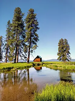 Barns Prints: Barn Reflecting in Crooked Creek, near Klamath Agency, Oregon, USA