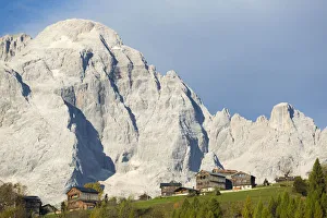 Zoldo Prints: Barns with Civetta mountain in the background. Zoldo, Veneto, Italy