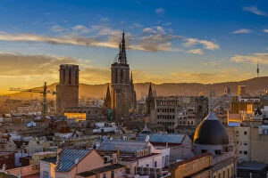 Barri Gotic skyline at sunset with Cathedral of the Holy Cross and Saint Eulalia