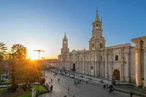 Bell Towers Prints: Basilica Cathedral of Arequipa at Plaza de Armas Square at sunset