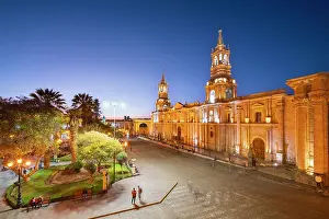 Bell Towers Prints: Basilica Cathedral of Arequipa at Plaza de Armas Square at twilight