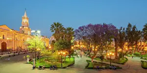 Bell Towers Prints: Basilica Cathedral of Arequipa at Plaza de Armas Square at twilight