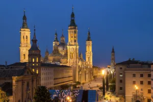 Zaragoza Prints: Basilica-Cathedral of Our Lady of the Pillar at Twilight, Zaragoza, Spain