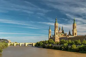 Zaragoza Prints: Basilica de Nuestra Senora del Pilar Church and Ebro River, Zaragoza, Aragon, Spain