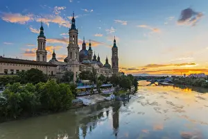 Dome Prints: Basilica de Nuestra Senora del Pilar church and Ebro river at sunset, Zaragoza, Aragon