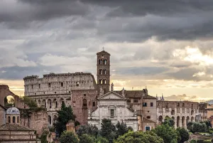 Tower Bell Prints: Basilica of Santa Francesca Romana and Coliseum at sunrise, Rome, Lazio, Italy, Europe