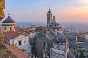 Bell Towers Prints: Basilica of Santa Maria Maggiore with Cappella Colleoni(Colleoni Chapel) from above during sunset