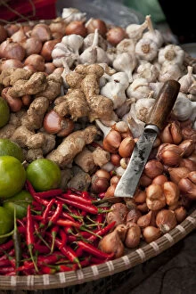Markets Gallery: Basket of onions, garlics, ginger and chillis, Old Quarter, Hanoi, Vietnam