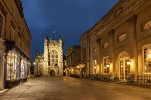 Bath Prints: Bath Abbey and the Grand Pump Room along Abbey Churchyard at twilight, Bath, Somerset