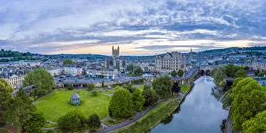 Bath city center and River Avon, Somerset, England