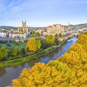 Bath city center and River Avon, Somerset, England