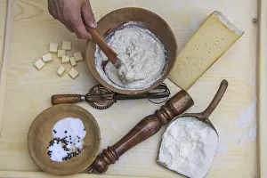 Italian Food Prints: Batter ready for Sciatt with the basic ingredients. Valtellina. Lombardy. Italy. Europe