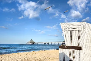 Beach Chair Prints: Beach basket and pier, Heringsdorf, Usedom island, Mecklenburg-Western Pomerania, Germany
