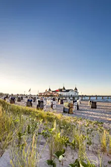 Beach baskets and pier, Ahlbeck, Usedom island, Mecklenburg-Western Pomerania, Germany